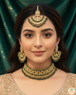 Pearly Antique Gold Necklace Set (Necklace, Earrings, Tikka) - Golden / Emerald Green