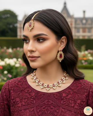 Ruby Traditional Necklace Set - Antique Gold