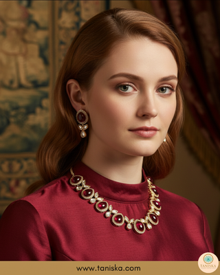 Ruby Red Kundan Traditional Necklace Set - Antique Gold