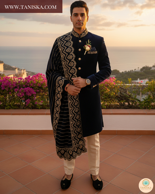 The Royal Navy | Striped Velvet Zardosi Groom’s Shawl