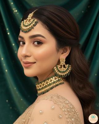 Pearly Antique Gold Necklace Set (Necklace, Earrings, Tikka) - Golden / Emerald Green