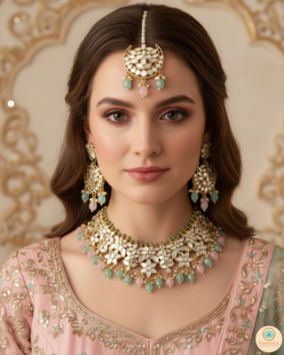 Pearly Antique Gold Necklace Set (Necklace, Earrings, Tikka) - Golden / Pink / Mint
