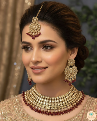 Pearly Antique Gold Necklace Set (Necklace, Earrings, Tikka) - Golden / Deep Red