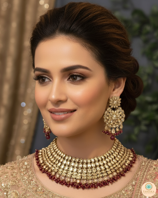 Pearly Antique Gold Necklace Set (Necklace, Earrings, Tikka) - Golden / Deep Red