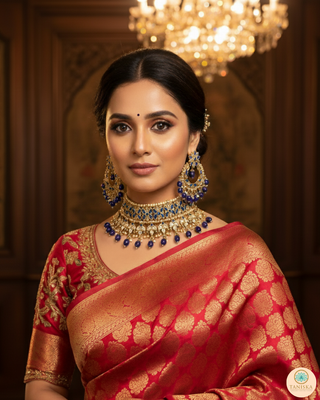 Pearly Antique Gold Necklace Set (Necklace, Earrings, Tikka) - Golden / Blue