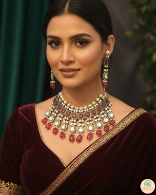 Kundan Necklace Set (Necklace, Earrings) - Golden / Ruby (Limited Edition)