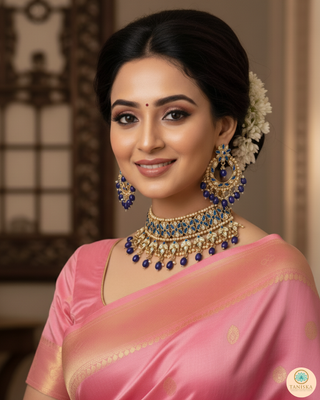 Pearly Antique Gold Necklace Set (Necklace, Earrings, Tikka) - Golden / Blue