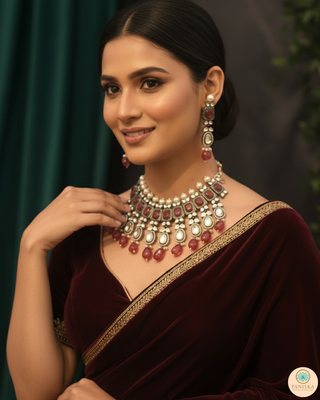 Kundan Necklace Set (Necklace, Earrings) - Golden / Ruby (Limited Edition)