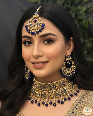 Pearly Antique Gold Double Choker Necklace Set (Necklace, Earrings, Tikka) - Golden / Royal Blue