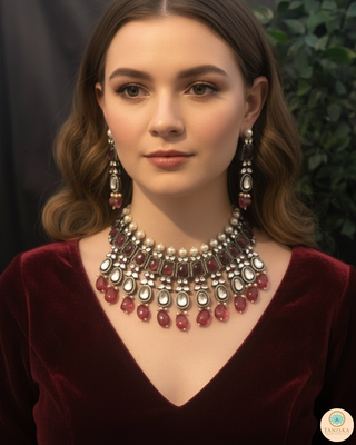 Kundan Necklace Set (Necklace, Earrings) - Golden / Ruby (Limited Edition)
