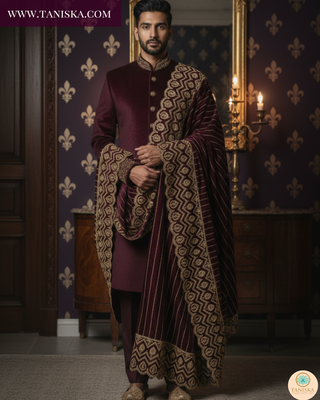 The Majesty Plum | Striped Velvet Zardosi Groom’s Shawl