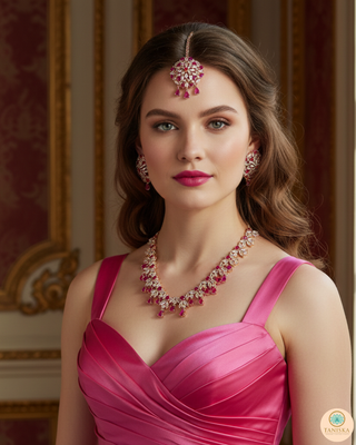 American Diamond Style Necklace Set - Rose Gold/Hot Pink