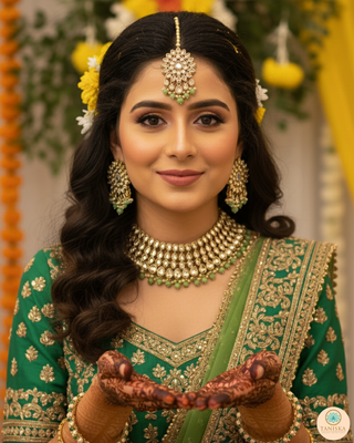 Pearly Antique Gold Necklace Set (Necklace, Earrings, Tikka) - Gold / Mint