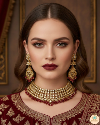 Pearly Antique Gold Necklace Set (Necklace, Earrings, Tikka) - Golden / Maroon