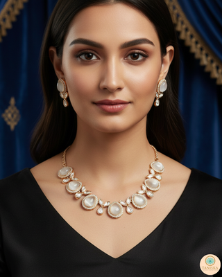 White Kundan Traditional Necklace Set - Antique Gold