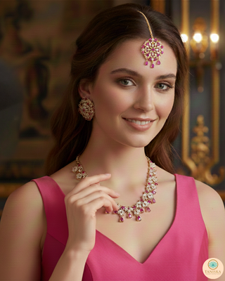 American Diamond Style Necklace Set - Rose Gold/Hot Pink
