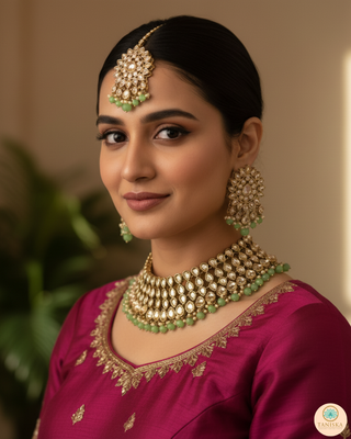 Pearly Antique Gold Necklace Set (Necklace, Earrings, Tikka) - Gold / Mint