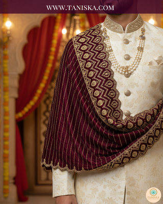 The Majesty Plum | Striped Velvet Zardosi Groom’s Shawl