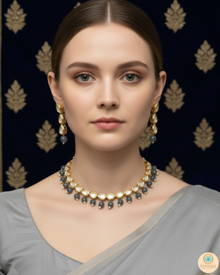 ROYAL Kundan Necklace Set - Charcoal Grey (with Meenakari)