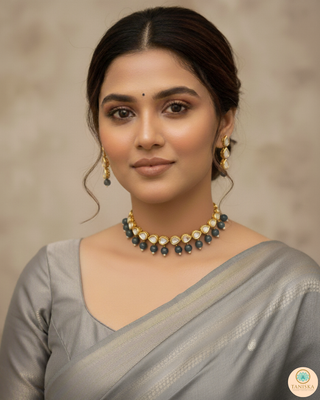 ROYAL Kundan Necklace Set - Charcoal Grey (with Meenakari)