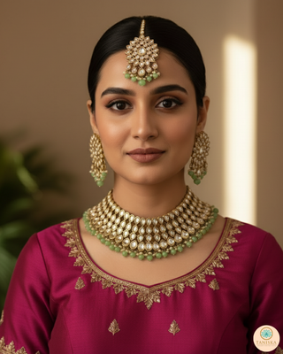 Pearly Antique Gold Necklace Set (Necklace, Earrings, Tikka) - Gold / Mint