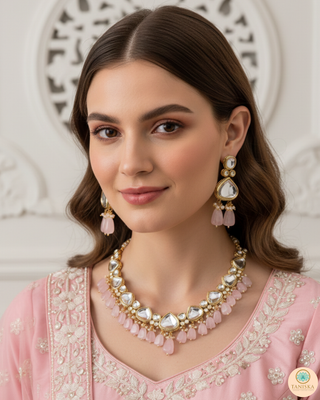 MEEREN Kundan Choker Necklace Set (Baby Pink)