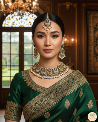 Pearly Antique Gold Necklace Set (Necklace, Earrings, Tikka) - Golden / Blue