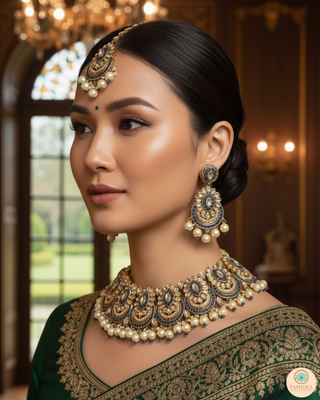 Pearly Antique Gold Necklace Set (Necklace, Earrings, Tikka) - Golden / Blue