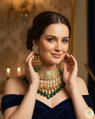 HEER Designer Bottle Green/Orange Kundan Necklace Set