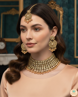 Pearly Antique Gold Necklace Set (Necklace, Earrings, Tikka) - Golden / Peach
