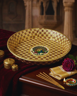 Handcrafted Meenakari Choora Bowl | Traditional Peacock Design Wedding Ritual Bowl | 14.5cm Gold Enamel Bowl