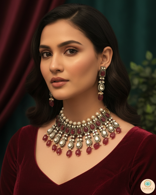 Kundan Necklace Set (Necklace, Earrings) - Golden / Ruby (Limited Edition)
