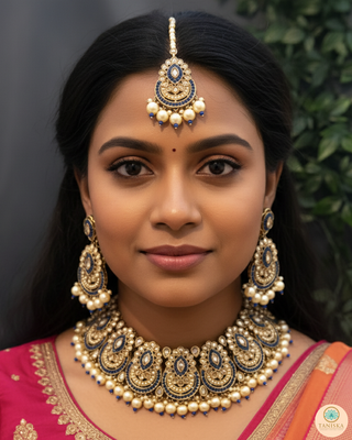 Pearly Antique Gold Necklace Set (Necklace, Earrings, Tikka) - Golden / Blue