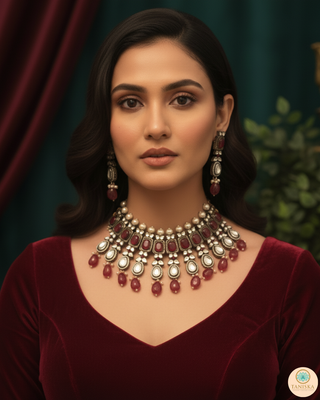 Kundan Necklace Set (Necklace, Earrings) - Golden / Ruby (Limited Edition)