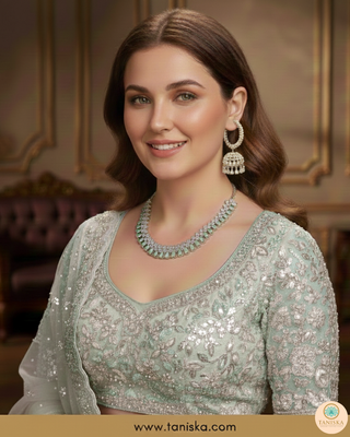 American Diamond Style Necklace Set - Silver/Mint