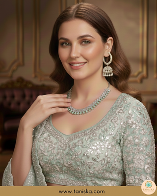 American Diamond Style Necklace Set - Silver/Mint