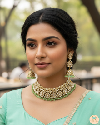 Pearly Antique Gold Necklace Set (Necklace, Earrings, Tikka) - Gold / Mint