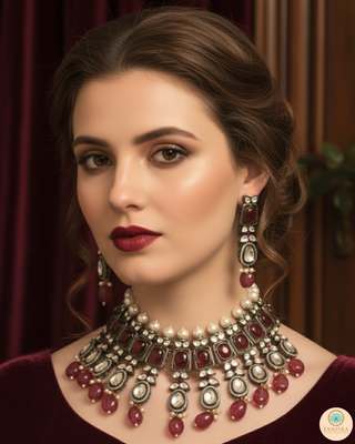Kundan Necklace Set (Necklace, Earrings) - Golden / Ruby (Limited Edition)