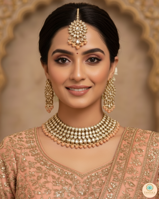 Pearly Antique Gold Necklace Set (Necklace, Earrings, Tikka) - Gold / Peach