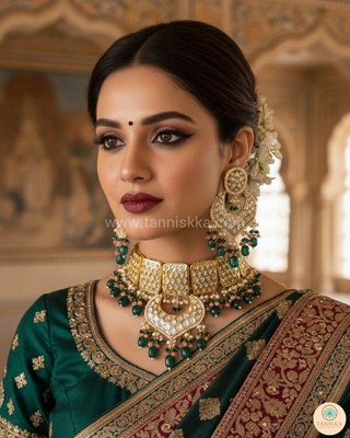 MEHAR Designer Bottle Green/Peach Kundan Necklace Set