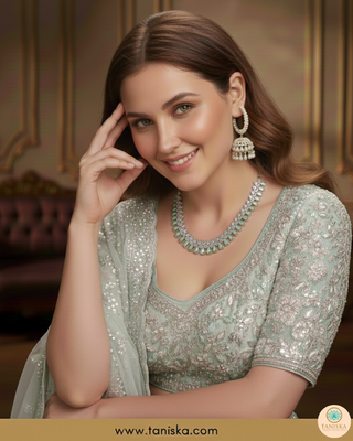 American Diamond Style Necklace Set - Silver/Mint