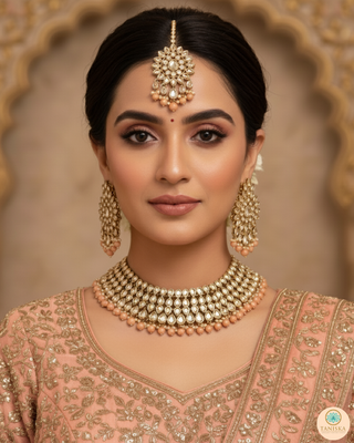 Pearly Antique Gold Necklace Set (Necklace, Earrings, Tikka) - Gold / Peach
