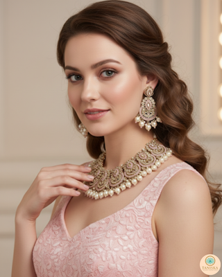 Pearly Antique Gold Necklace Set (Necklace, Earrings, Tikka) - Golden / Baby Pink