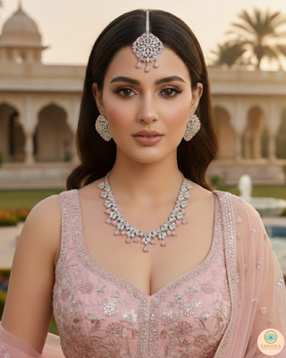 American Diamond Style Necklace Set - Silver/Baby Pink