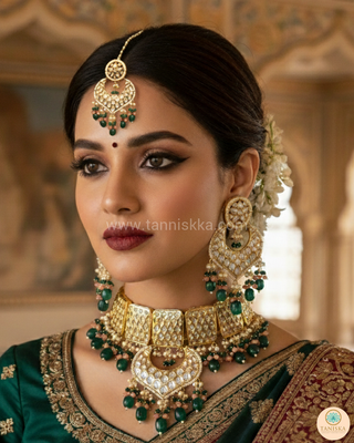 MEHAR Designer Bottle Green/Peach Kundan Necklace Set