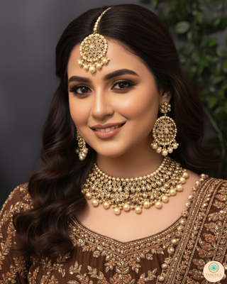 Pearly Antique Gold Necklace Set (Necklace, Earrings, Tikka) - Golden