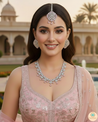 American Diamond Style Necklace Set - Silver/Baby Pink