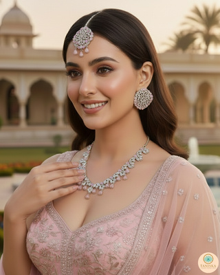 American Diamond Style Necklace Set - Silver/Baby Pink