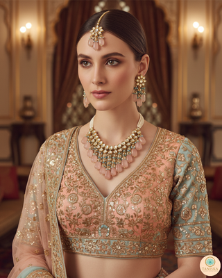 MISHA Kundan Necklace Set (Peach, Sky Blue Combo)