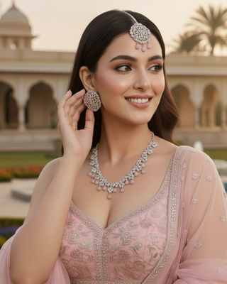 American Diamond Style Necklace Set - Silver/Baby Pink